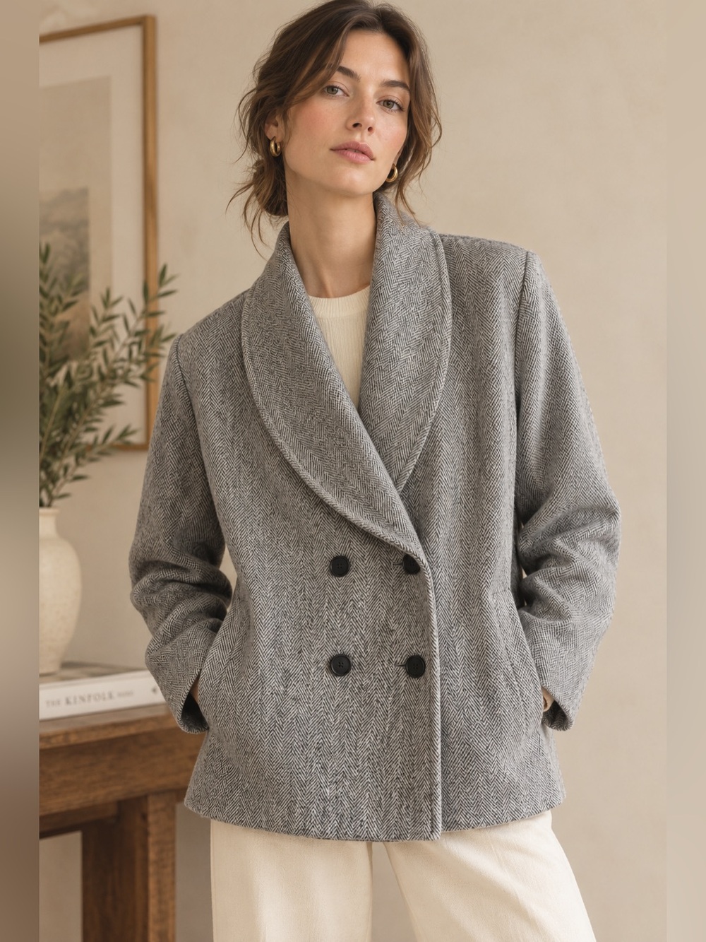 Vintage wool Nordstrom double breasted herringbone shawl collar coat
